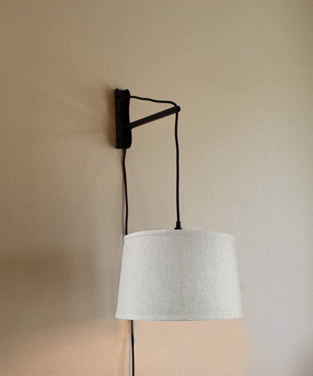 16"W MAST Plug-In Wall Mount Pendant 1 Light Black Cord/Arm Shallow Drum Textured Oatmeal Shade