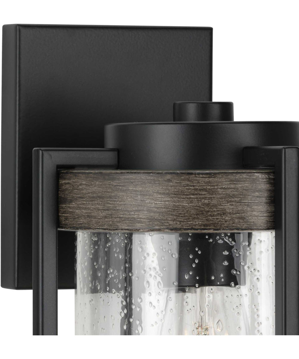 Whitmire  1-Light with Aged Oak Accents Clear Seeded Glass Farmhouse Outdoor Wall Lantern Light Matte Black