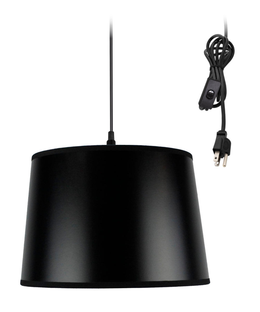 12"W 1 Light Swag Plug-In Pendant  Shallow Drum Black Shade Black Cord