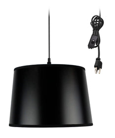 12"W 1 Light Swag Plug-In Pendant  Shallow Drum Black Shade Black Cord
