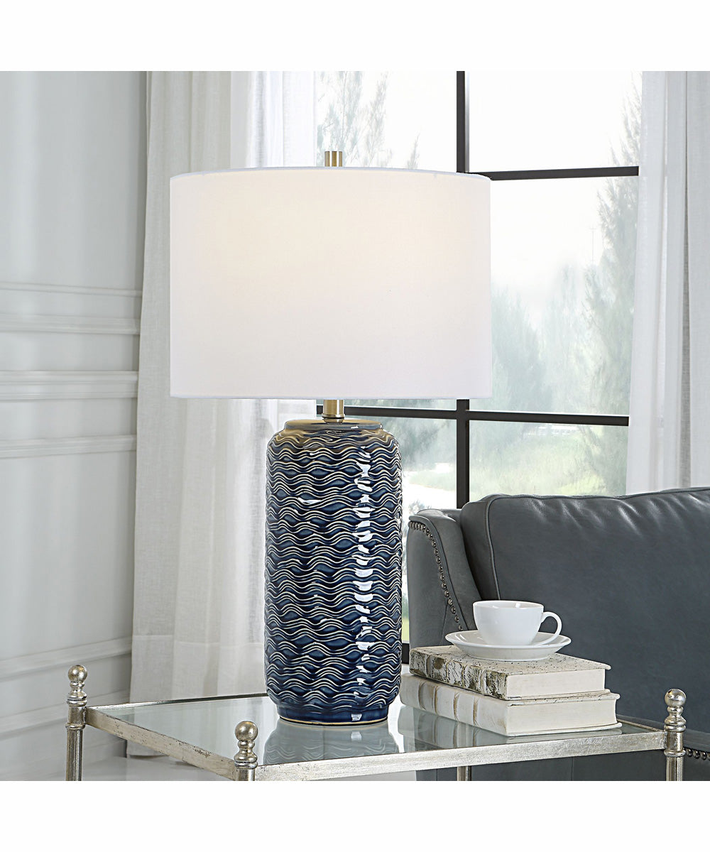 27"H 1-Light Table Lamp Ceramic and Metal in Blue and White and Brushed Nickel with a Round Shade