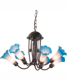 24" Wide Pink/Blue Tiffany Pond Lily 7 Light Chandelier