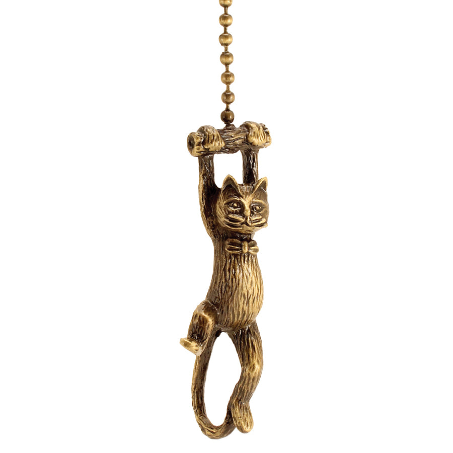 Dangling Cat Ceiling Fan Pull Antique Metal, 1.5"h with 12" Antiqued Brass Chain