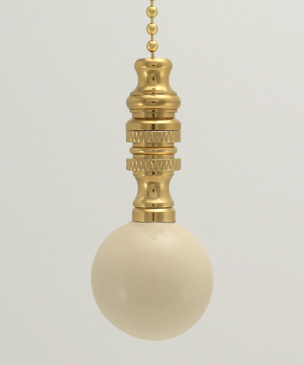 Ceramic Ivory Ball Ceiling Fan Pull, 2"h with 12" Polished Brass Chain