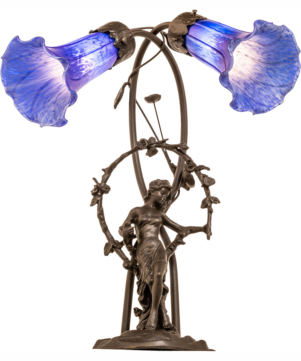 17" High Blue Tiffany Pond Lily 2 Light Trellis Girl Accent Lamp
