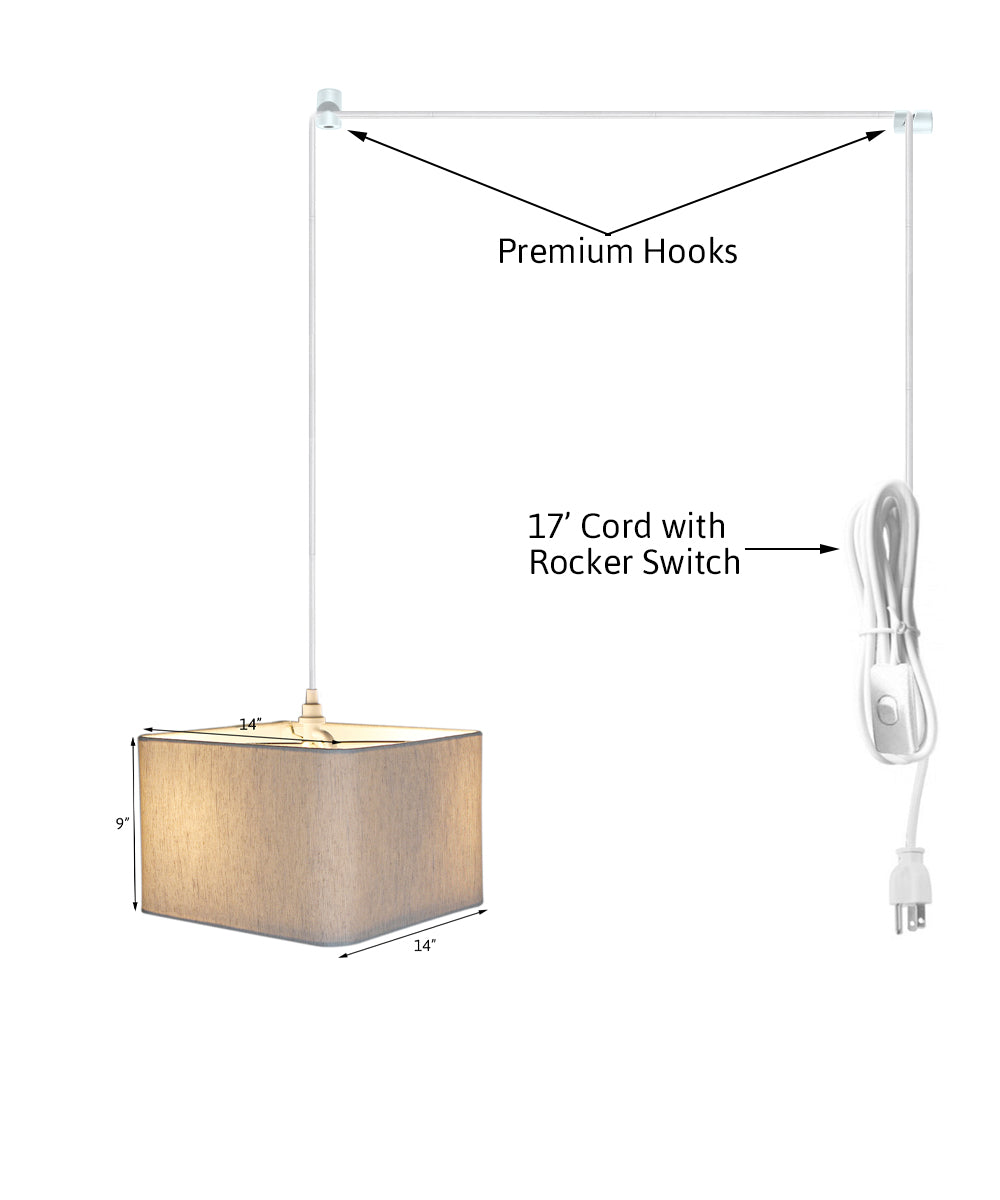 2 Light Swag Plug-In Pendant 14"w Rounded Corner Square Oatmeal Drum Shade with Diffuser, White Cord