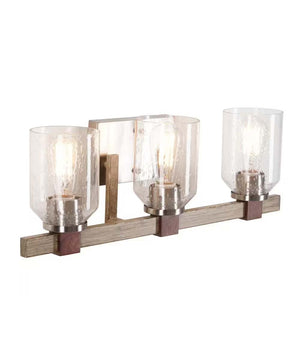 Cresswell 27"W Breckenridge 3-Light Bath Vanity Light Fixture; Brushed Nickel & Walnut Wood Accents & Clear Seeded Glass Shades