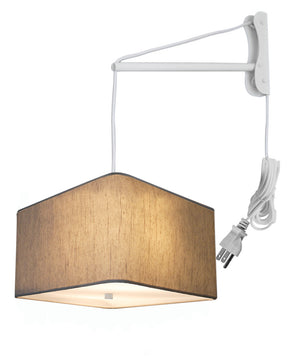 MAST Plug-In Wall Mount Pendant, 2 Light White Cord/Arm with Diffuser, Rounded Corner Square Oatmeal Drum Shade 14"W