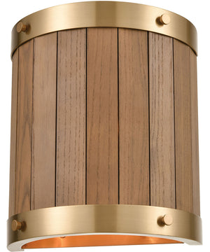 Wooden Barrel 2-Light Sconce Satin Brass/Slatted Wood Shade Medium Oak