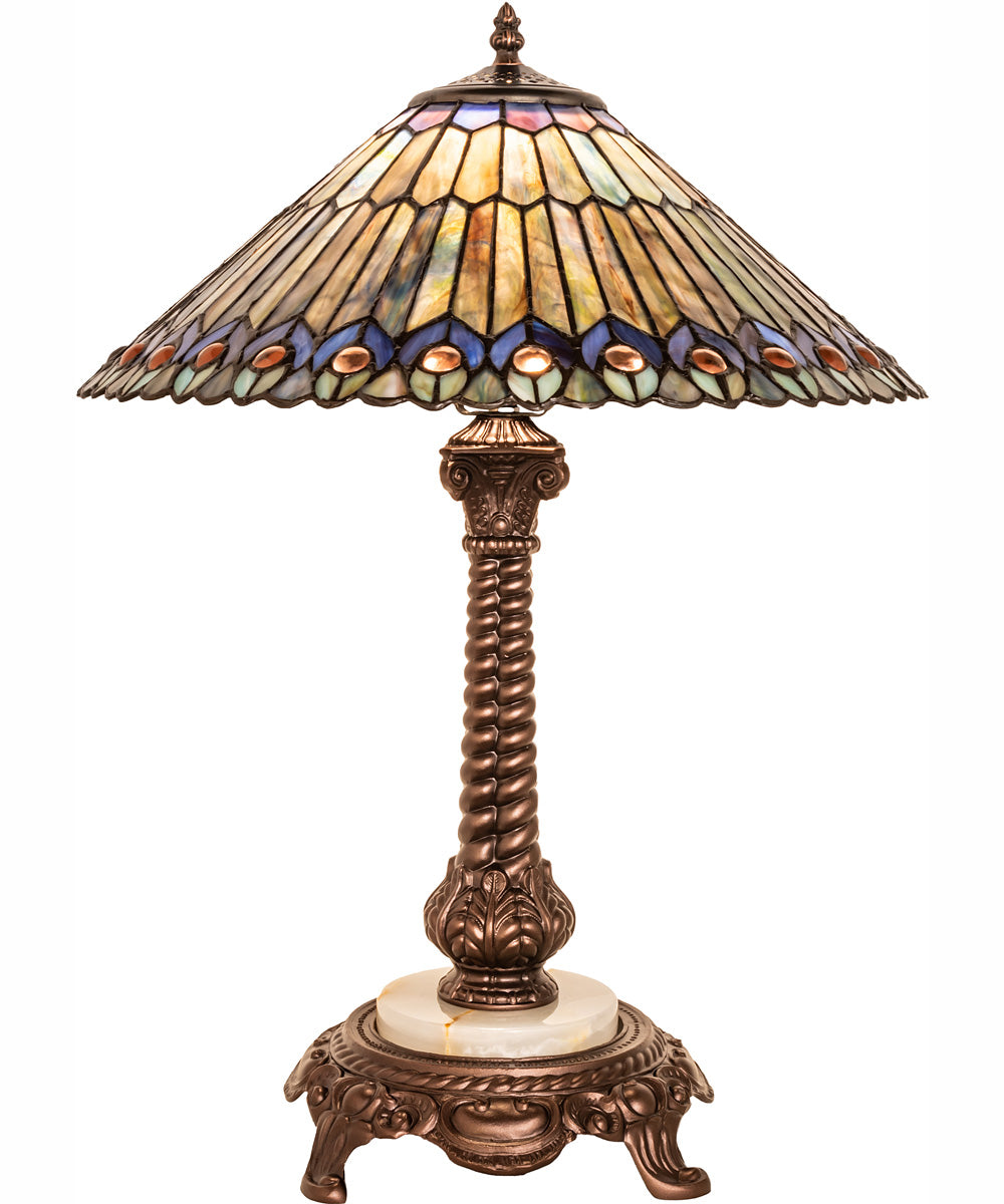 23" High Tiffany Jeweled Peacock Table Lamp