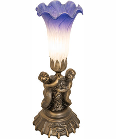 13" High Blue/White Pond Lily Twin Cherub Mini Lamp