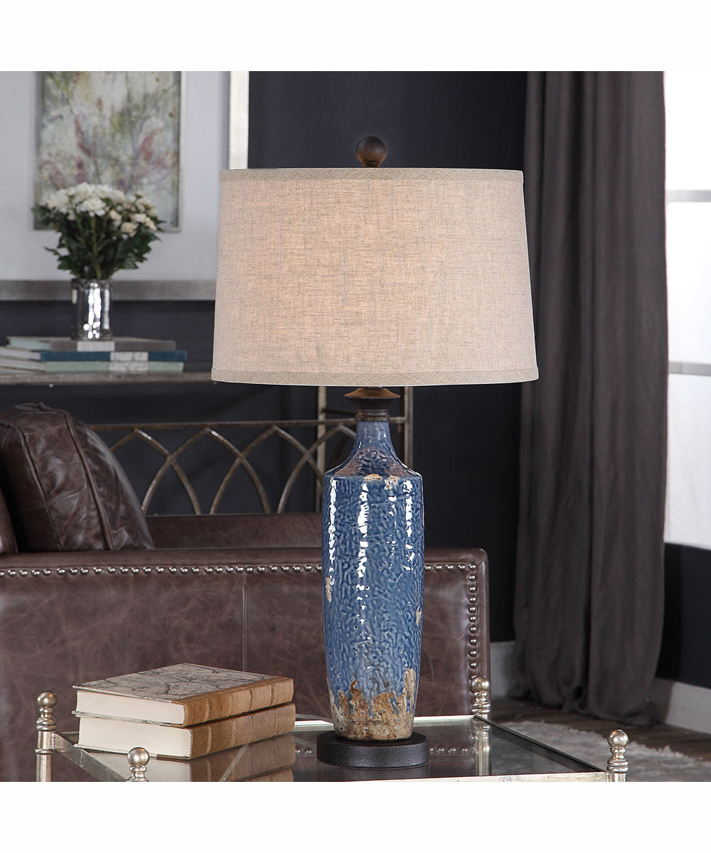 30"H 1-Light Table Lamp Ceramic in Blue and Dark Khaki with a Round Shade
