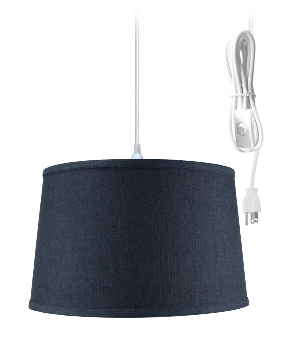 16"W 1 Light Swag Plug-In Pendant  Shallow Drum Textured Slate Blue Shade White Cord