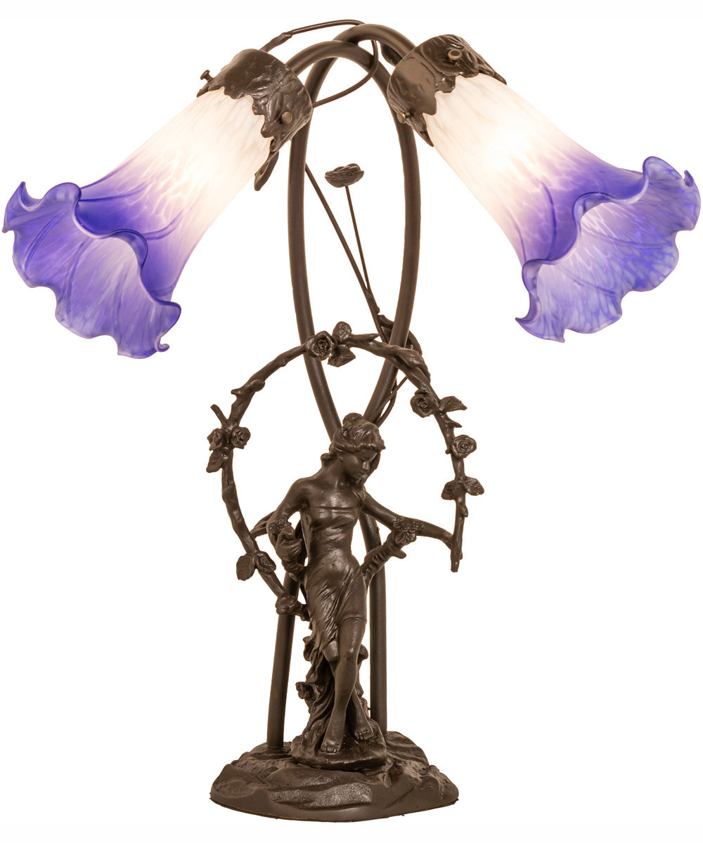 17" High Blue/White Pond Lily 2 Light Trellis Girl Table Lamp