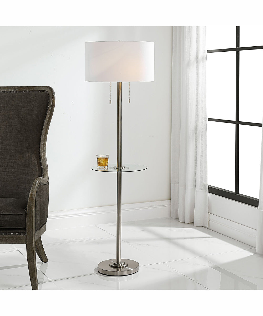 60"H 2-Light Floor Lamp Metal and Glass in Brushed Nickel with a Round Shade