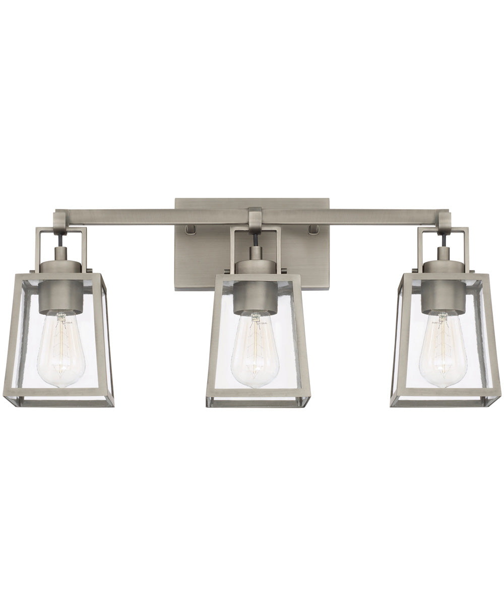 Kenner 3-Light Vanity In Antique Nickel With Clear Rain Glass