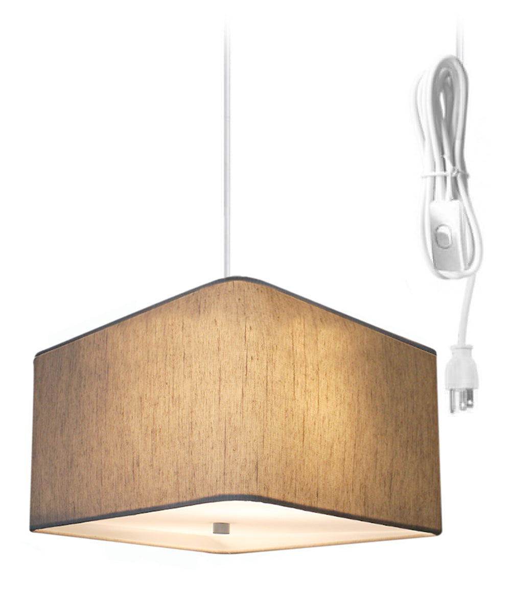 2 Light Swag Plug-In Pendant 16"w Rounded Corner Square Oatmeal Drum Shade with Diffuser, White Cord