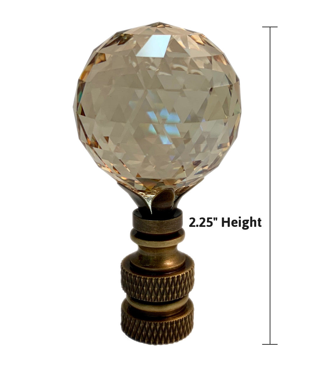 Stephanov Faceted Champagne Crystal Ball Lamp Finial Antique Brass 2.25"h