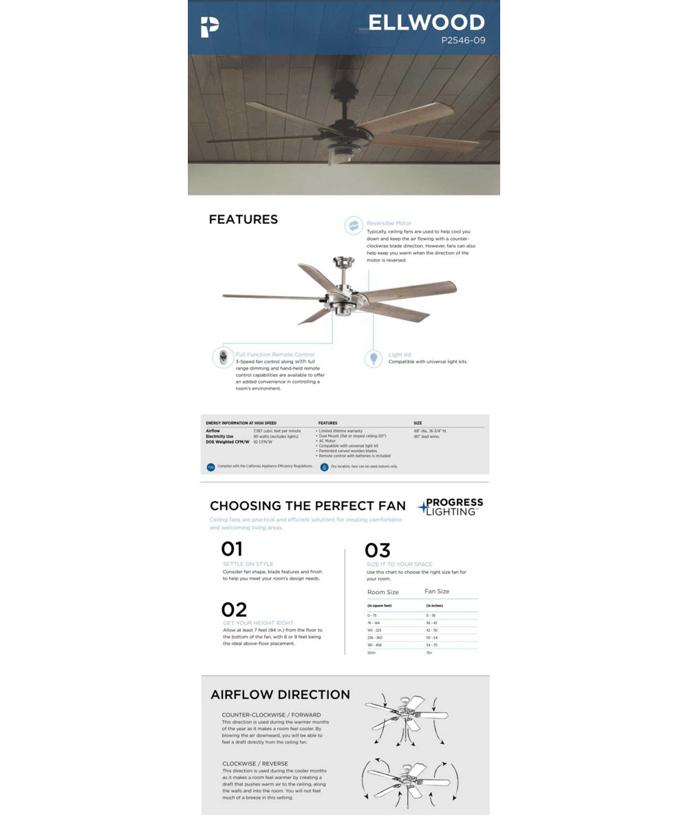 Ellwood 68" Carved Wood Blade Brushed Nickel