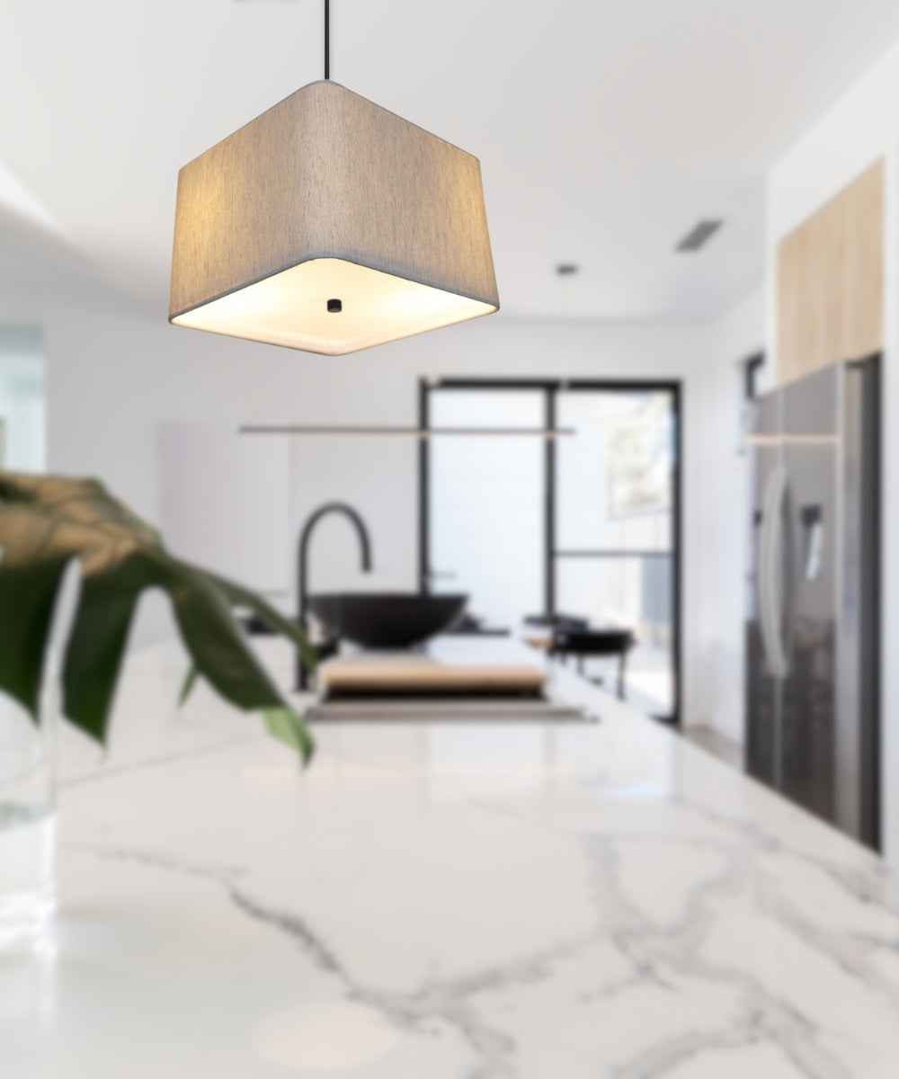 12" W 2 Light Pendant Rounded Corner Square Oatmeal Drum Shade with Diffuser, Black Cord