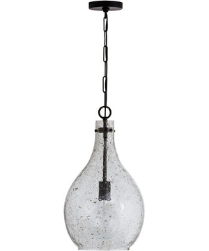 1-Light Pendant In Matte Black With Stone Seeded Glass