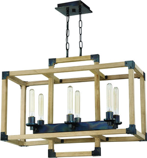 30"W Cubic 6-Light Chandelier Fired Steel/Natural Wood