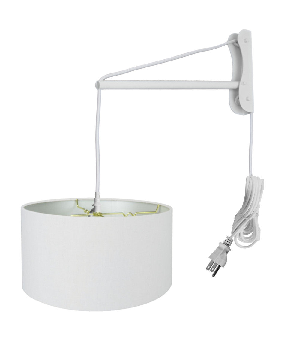 16"W 2 Light MAST Plug-In Wall Mount Pendant  White Linen Drum with Diffuser White Cord/Arm