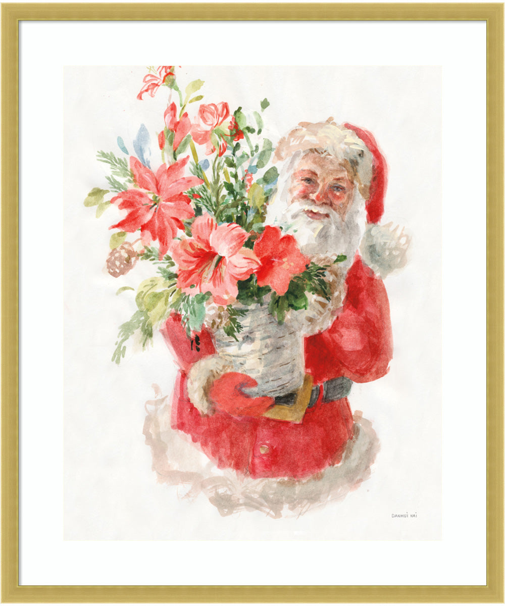 Floral Santa by Danhui Nai Wood Framed Wall Art Print (21  W x 25  H), Svelte Polished Gold Frame