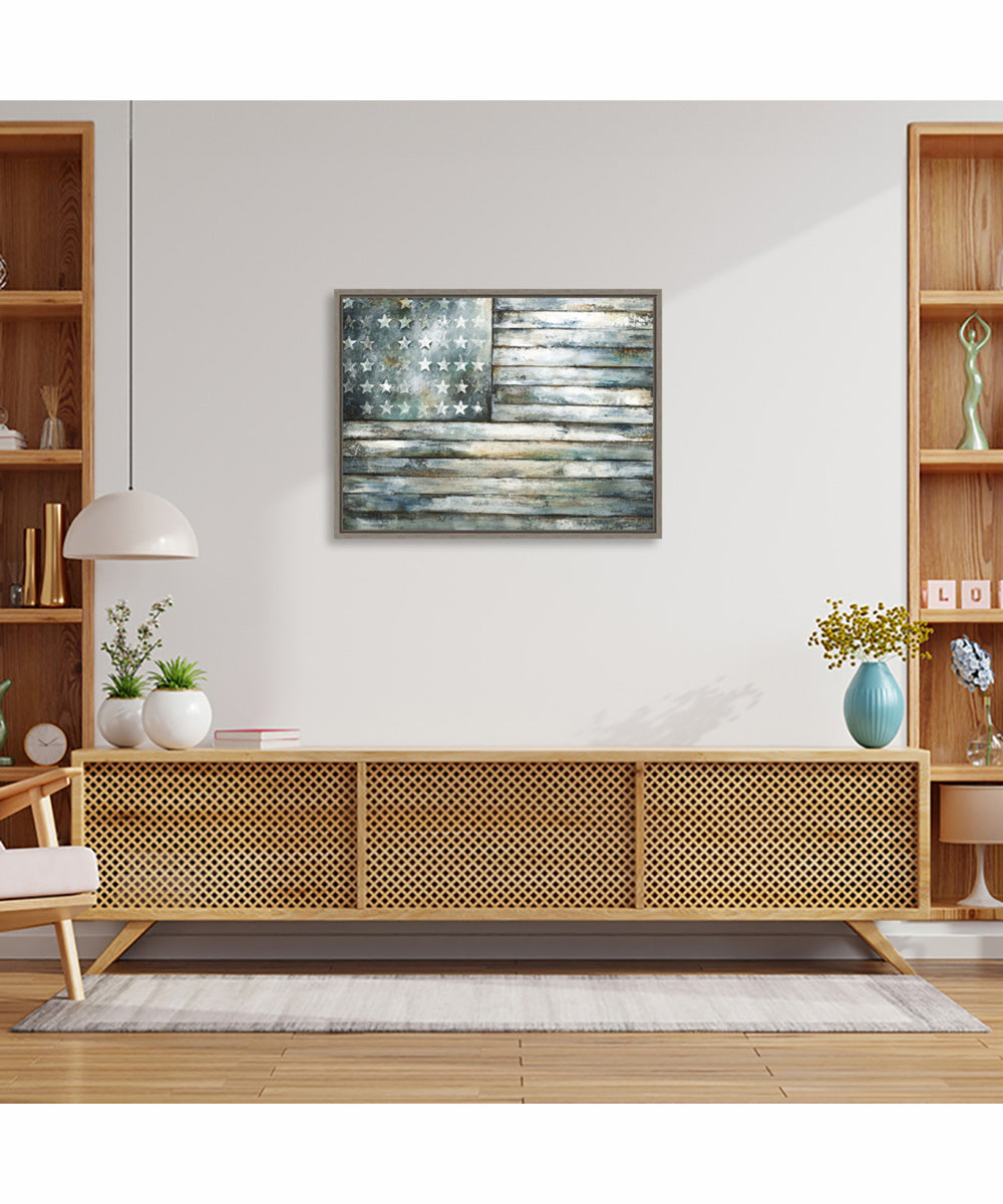 Framed Retired Patriot American Flag by Sydney Edmunds Canvas Wall Art Print (30  W x 23  H), Sylvie Greywash Frame