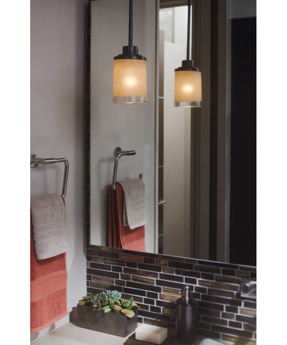 Alexa 1-Light Etched Umber Linen With Clear Edge Glass Modern Mini-Pendant Light Antique Bronze