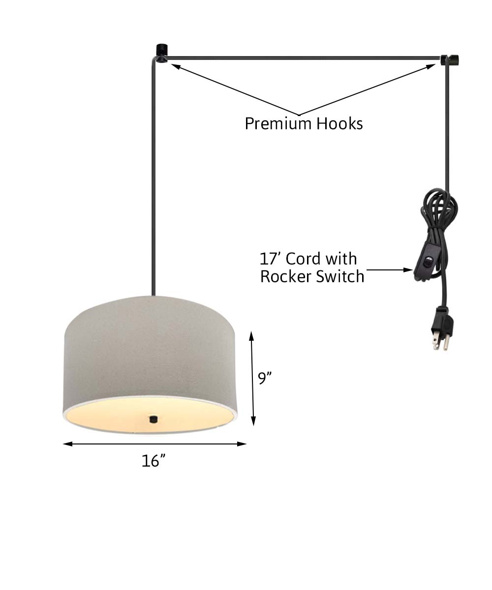 2 Light Swag Plug-In Pendant 16"w Light Oatmeal Linen Drum with Diffuser, Black Cord