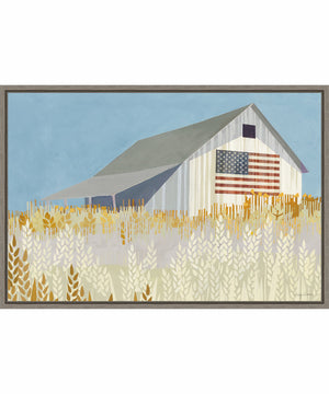 Framed Wheat Fields Barn with American Flag by Avery Tillmon Canvas Wall Art Print (33  W x 23  H), Sylvie Greywash Frame