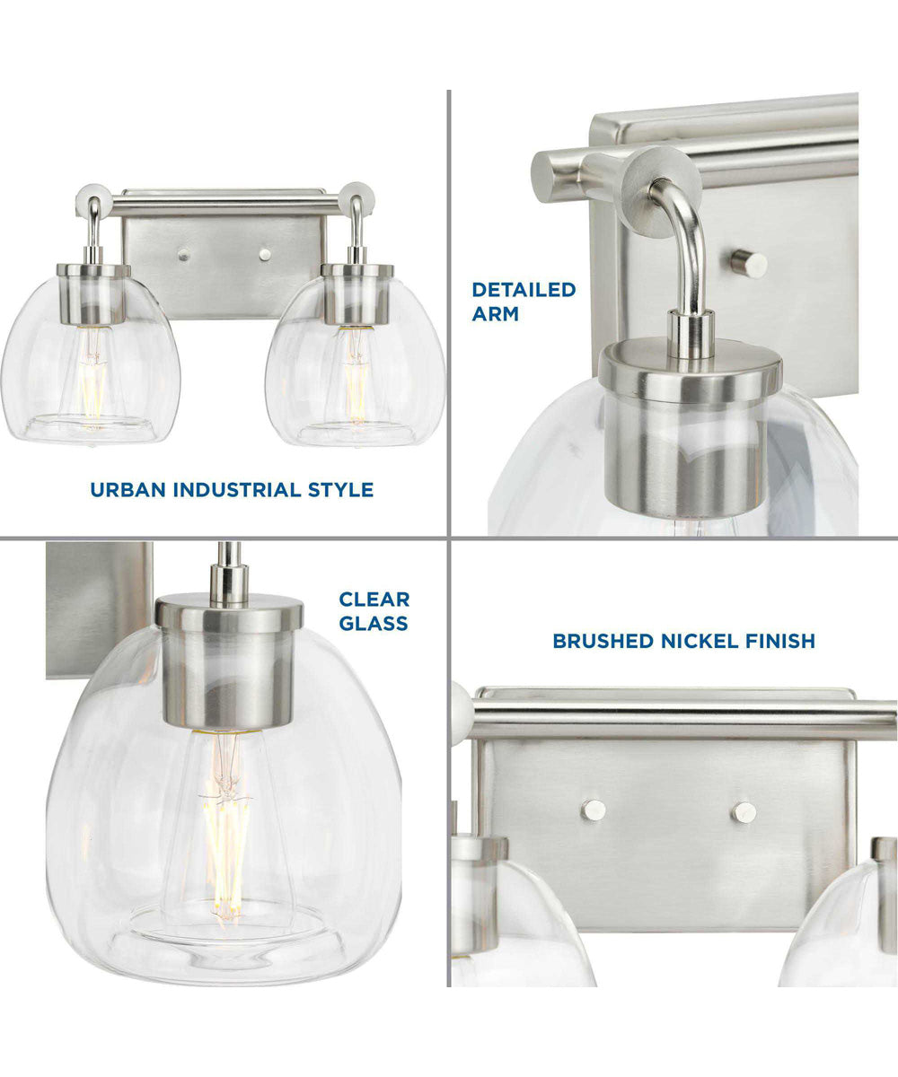 Caisson 2-Light Clear Glass Urban Industrial Bath Vanity Light Brushed Nickel