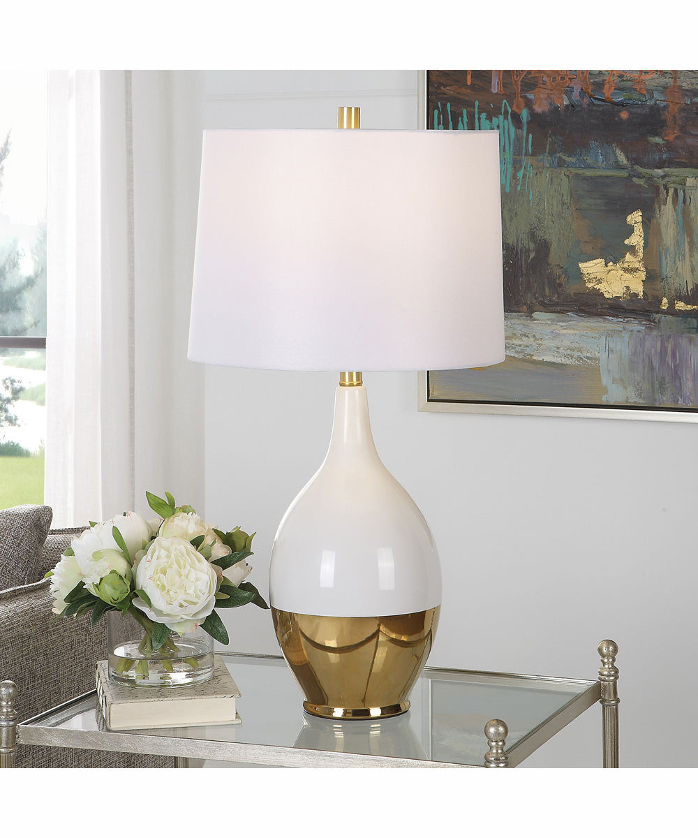 27"H 1-Light Table Lamp Ceramic in White and Gold with a Tapered Drum Shade