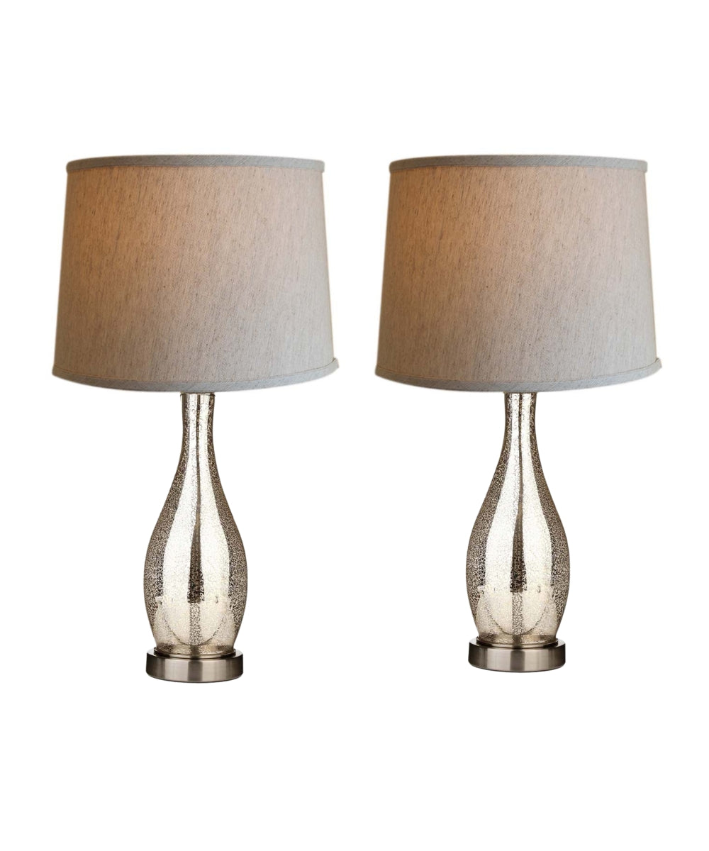 27" Teardrop Lamp Base 2 Pack, Mercury Silver/Gold Glass Table Lamp Set with Natural Shades