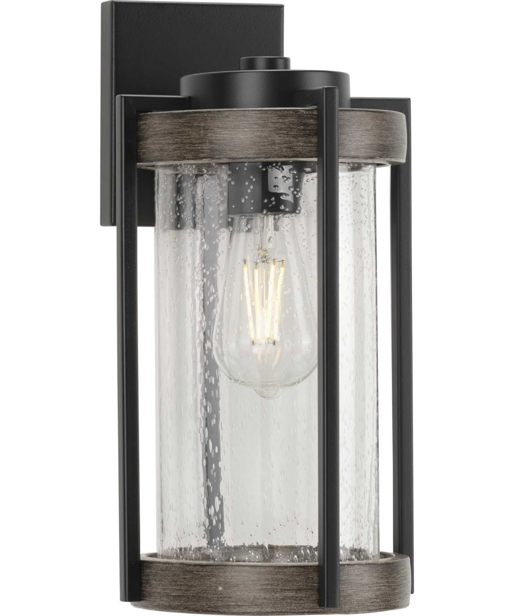 Whitmire  1-Light with Aged Oak Accents Clear Seeded Glass Farmhouse Outdoor Wall Lantern Light Matte Black