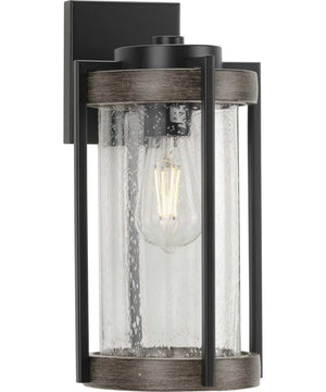 Whitmire  1-Light with Aged Oak Accents Clear Seeded Glass Farmhouse Outdoor Wall Lantern Light Matte Black