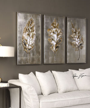 41"H x 21"W Champagne Leaves Modern Art Set of 3