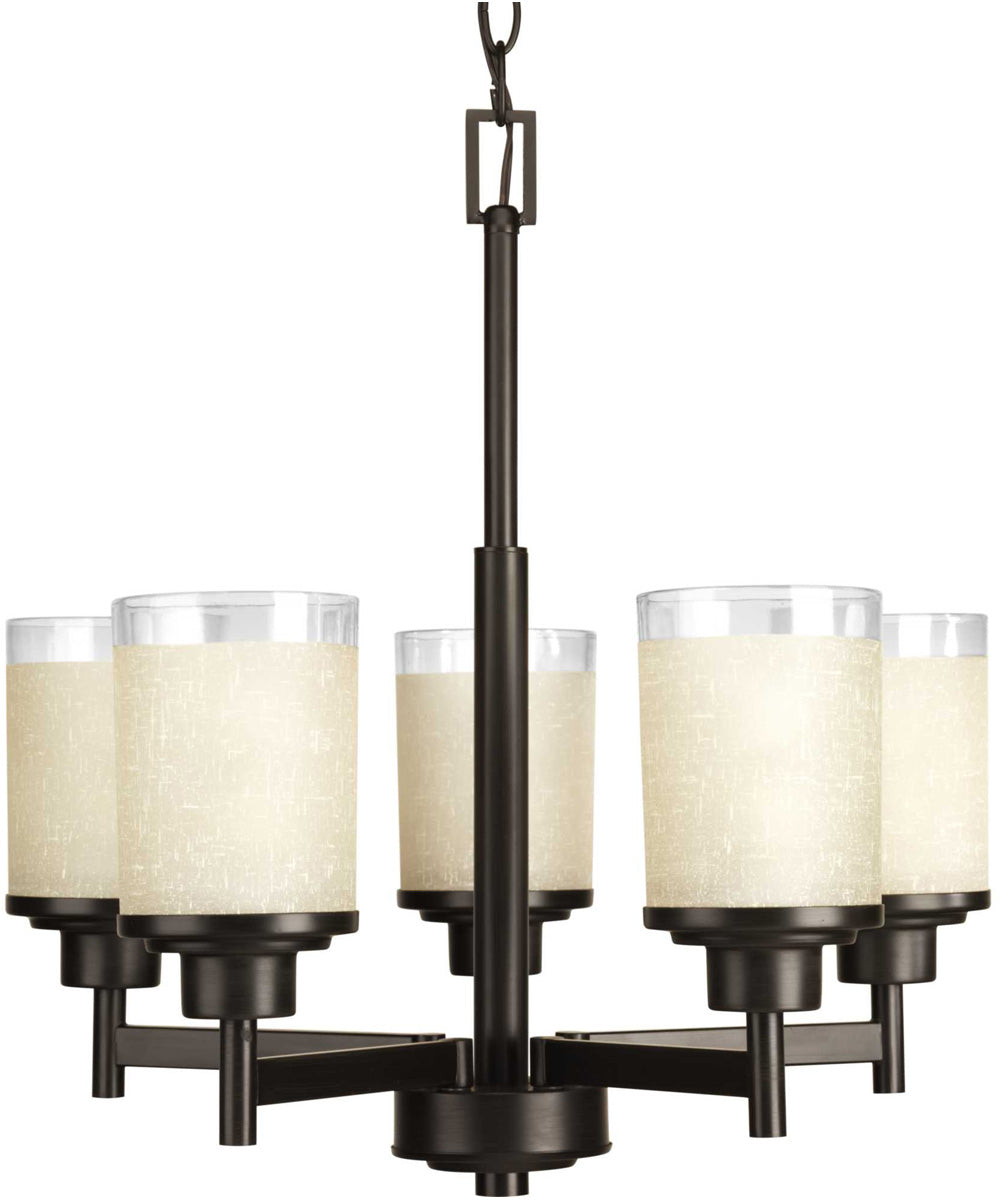 Alexa 5-Light Etched Umber Linen With Clear Edge Glass Modern Chandelier Light Antique Bronze