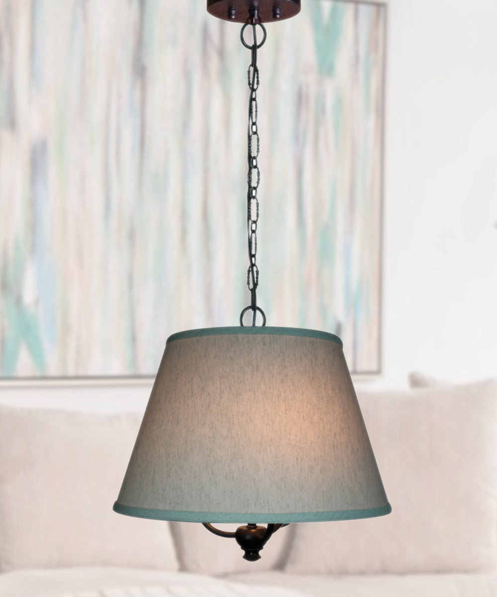 16"W Three light pendant in antique black Finish with Textured Oatmeal Slotted Pendant Empire Shade