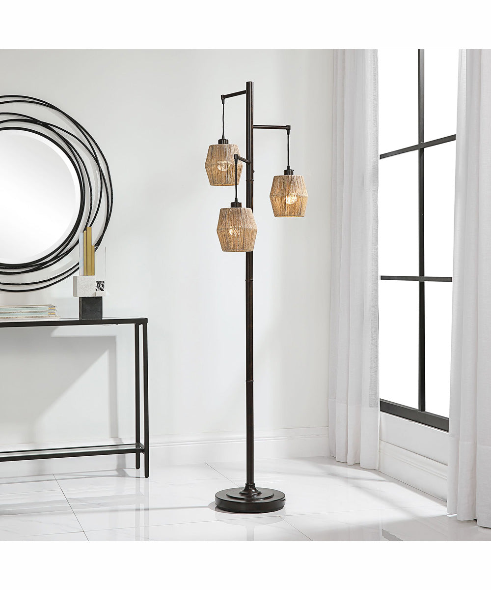 73"H 3-Light Floor Lamp Metal and Rope in Oil Rubbed Bronze and Gold with a Round Hemp Rope Shade