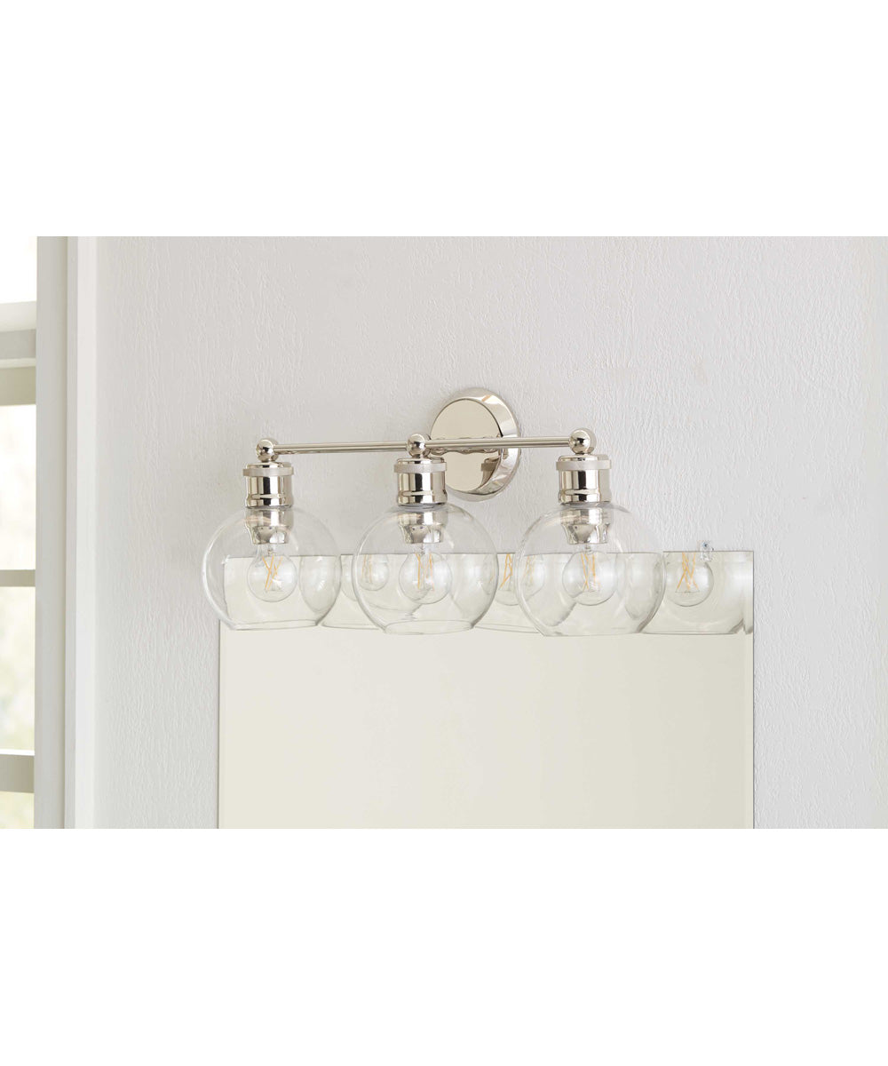 Hansford 3-Light Clear Glass Coastal Bath Vanity Light Polished Nickel