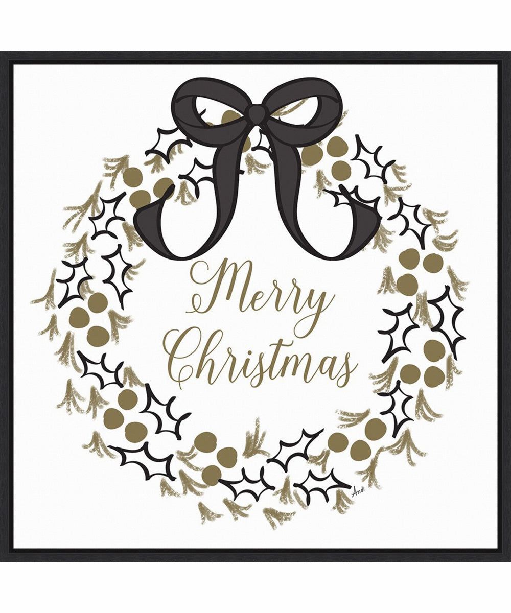 Framed Merry Christmas Wreath by Andi Metz Canvas Wall Art Print (30  W x 30  H), Sylvie Black Frame
