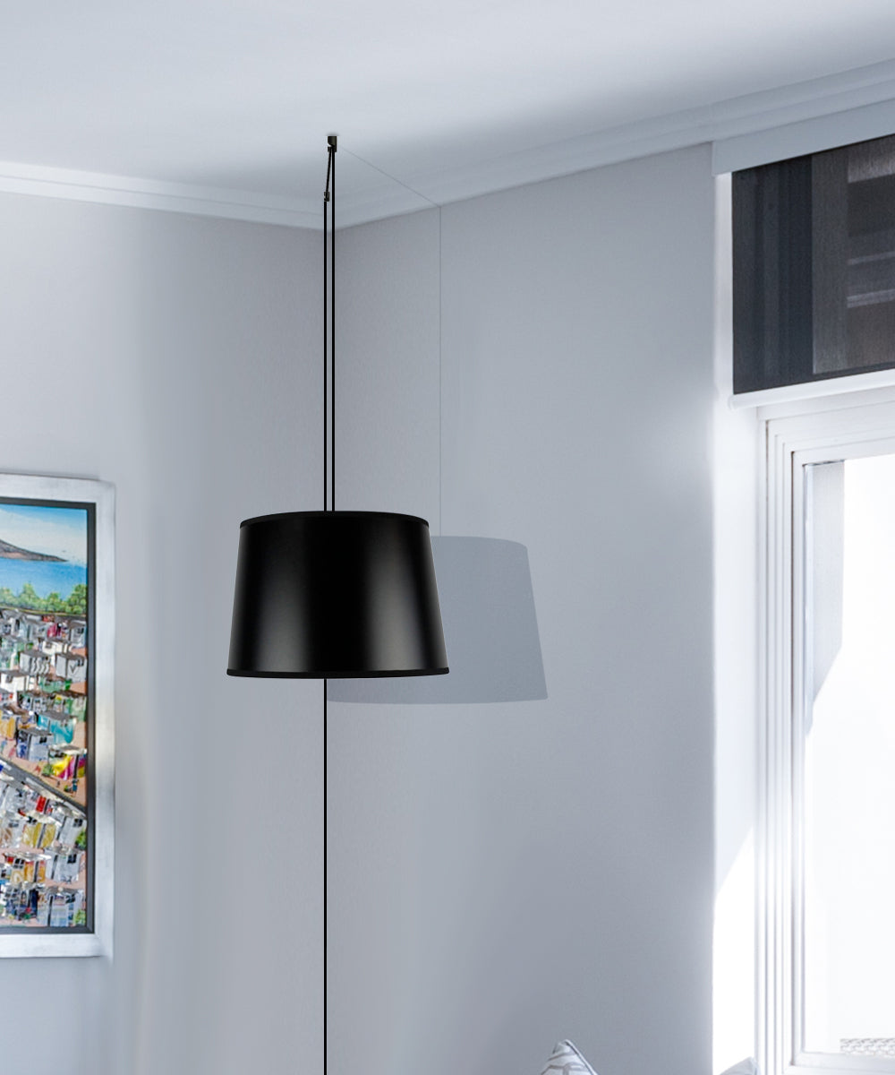 12"W 1 Light Swag Plug-In Pendant  Shallow Drum Black Shade Black Cord