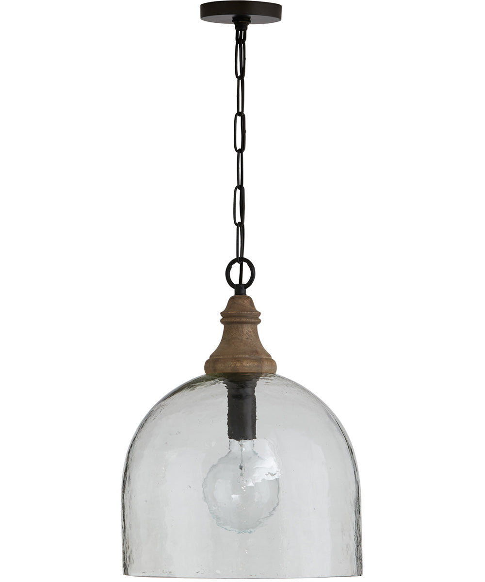 1-Light Pendant In Grey Wash & Pewter With Clear Organic Rippled And Mango Wood