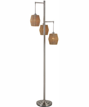 73"H 3-Light Floor Lamp Metal and Rope in Brushed Nickel with a Round Shade