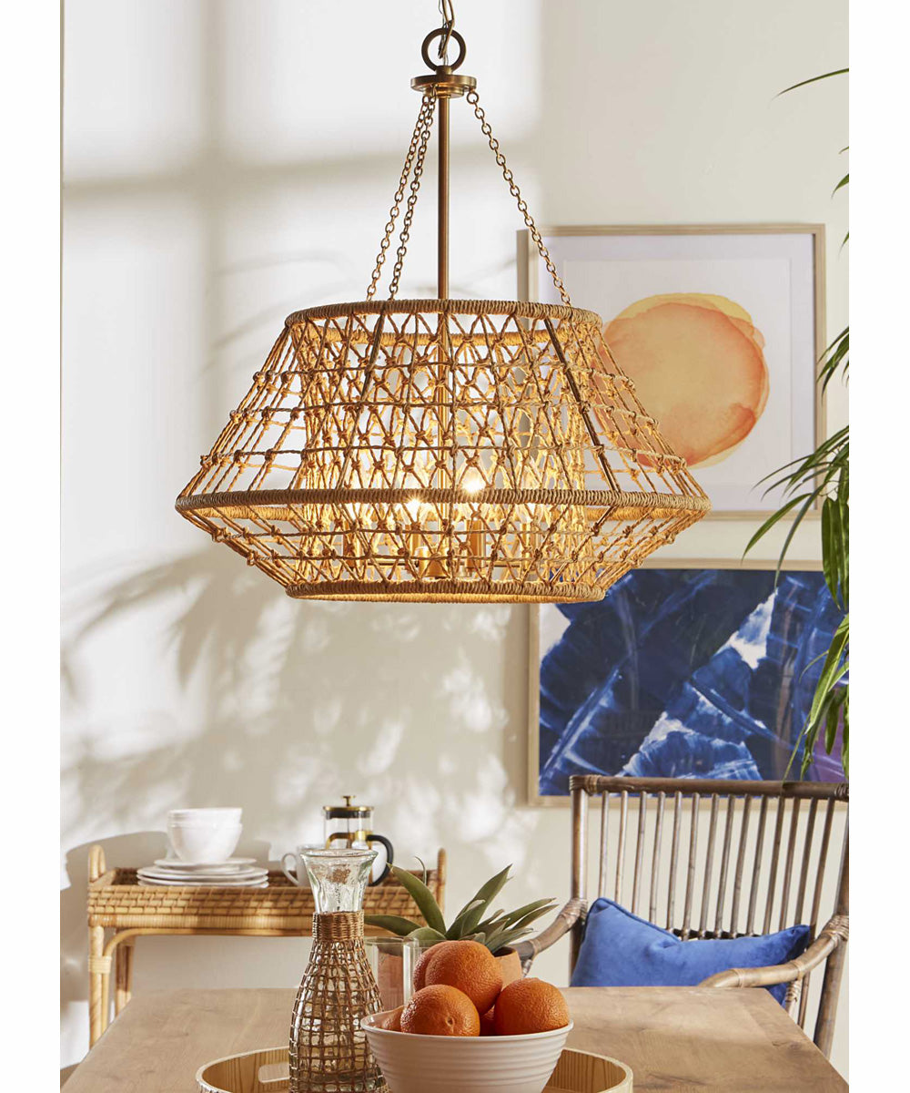 Laila 4-Light Coastal Chandelier with Woven Jute Accents Vintage Brass