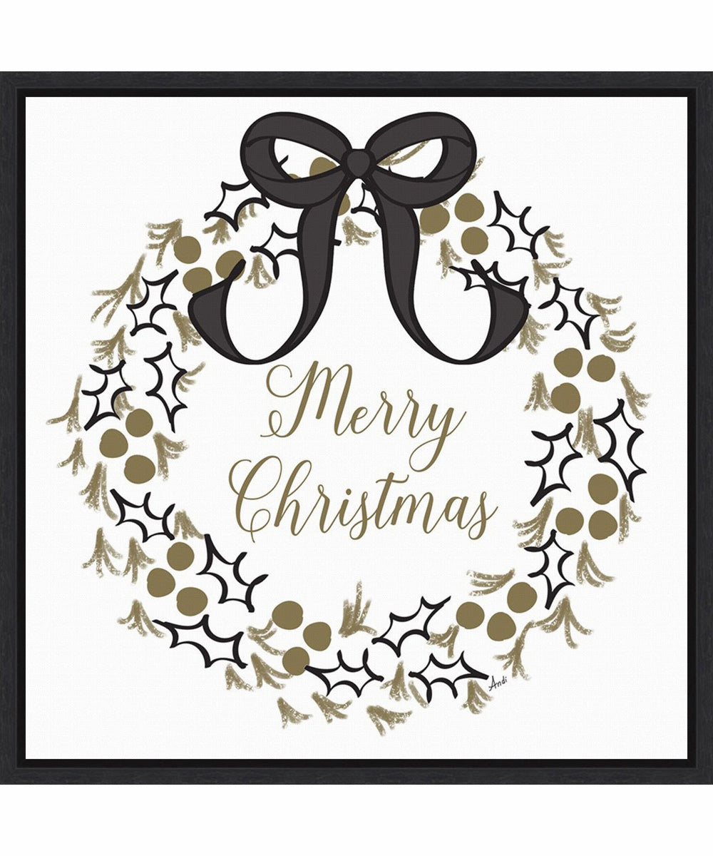 Framed Merry Christmas Wreath by Andi Metz Canvas Wall Art Print (22  W x 22  H), Sylvie Black Frame