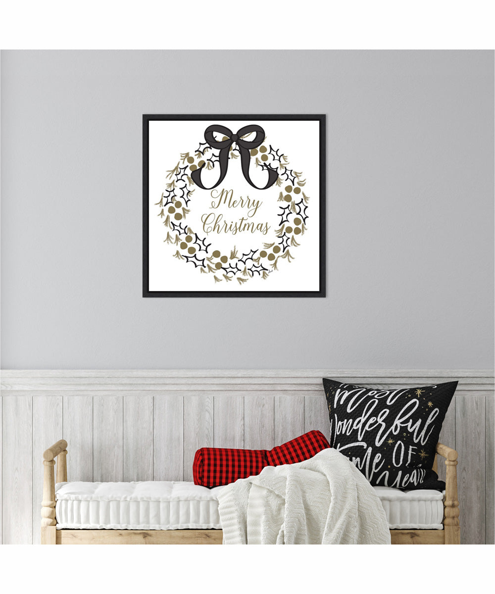 Framed Merry Christmas Wreath by Andi Metz Canvas Wall Art Print (22  W x 22  H), Sylvie Black Frame