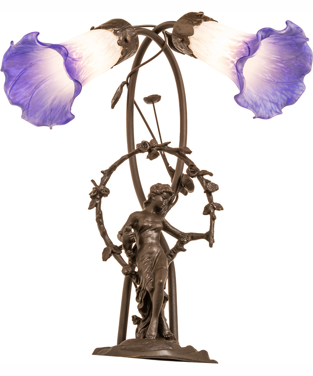17" High Blue/White Pond Lily 2 Light Trellis Girl Table Lamp